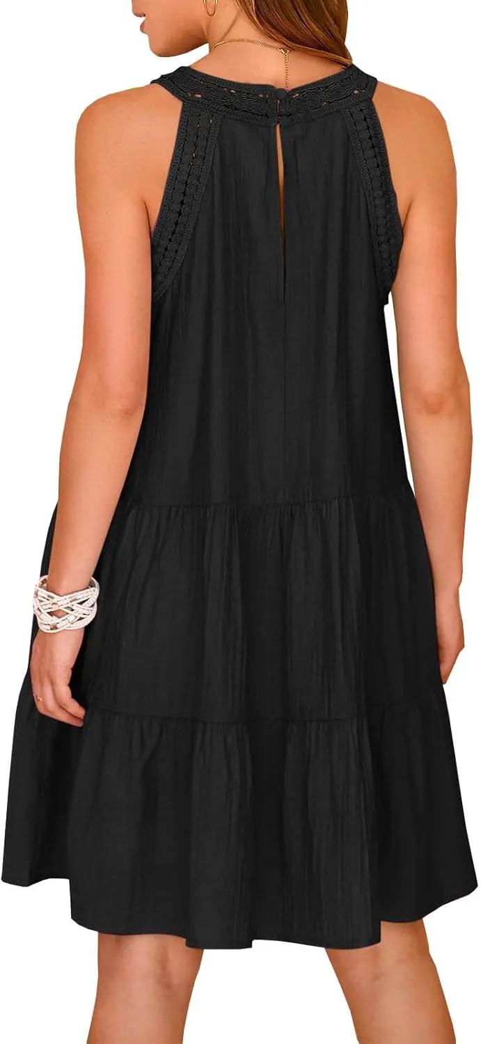 Summer Hollow Out Lace Crochet Halter Dresses Womens Casual Sleeveless Tiered Swing Sundress Beach Vacation Mini Dress