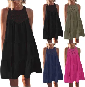 Summer Hollow Out Lace Crochet Halter Dresses Womens Casual Sleeveless Tiered Swing Sundress Beach Vacation Mini Dress