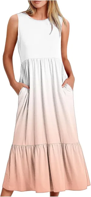 Summer Long Maxi Dresses for Women 2024 Casual Loose Sleeveless Gradient Color Dress Beach Pleated Flowy Sundress