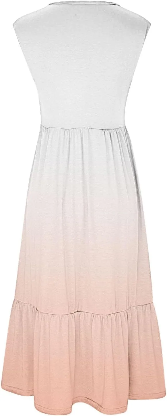 Summer Long Maxi Dresses for Women 2024 Casual Loose Sleeveless Gradient Color Dress Beach Pleated Flowy Sundress