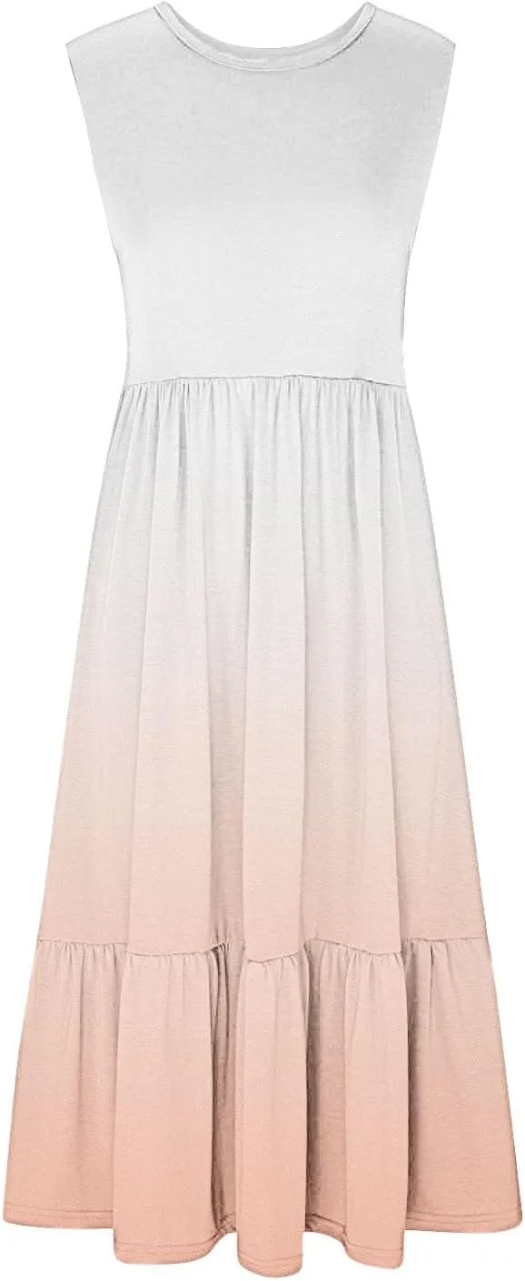 Summer Long Maxi Dresses for Women 2024 Casual Loose Sleeveless Gradient Color Dress Beach Pleated Flowy Sundress