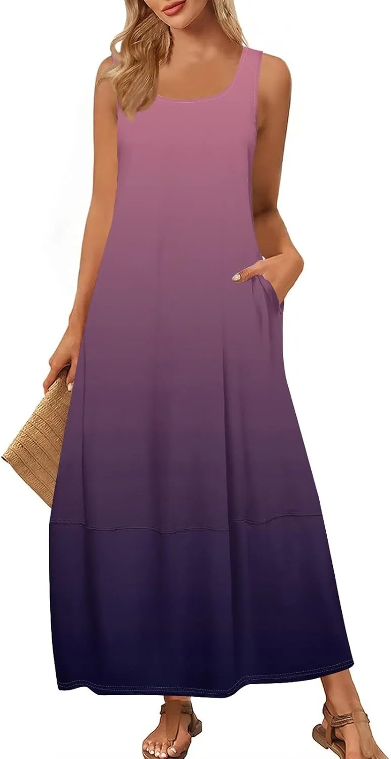 Summer Maxi Dress Women's 2025 Summer Casual Maxi Sundress Beach Gradient Crew Neck Sleeveless Loose Tank Dress