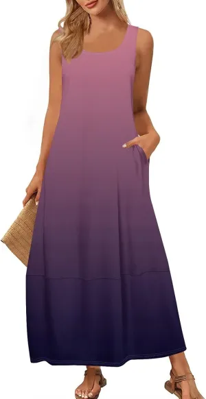 Summer Maxi Dress Women's 2025 Summer Casual Maxi Sundress Beach Gradient Crew Neck Sleeveless Loose Tank Dress
