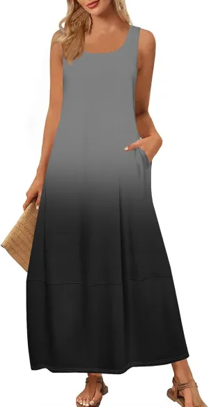 Summer Maxi Dress Women's 2025 Summer Casual Maxi Sundress Beach Gradient Crew Neck Sleeveless Loose Tank Dress