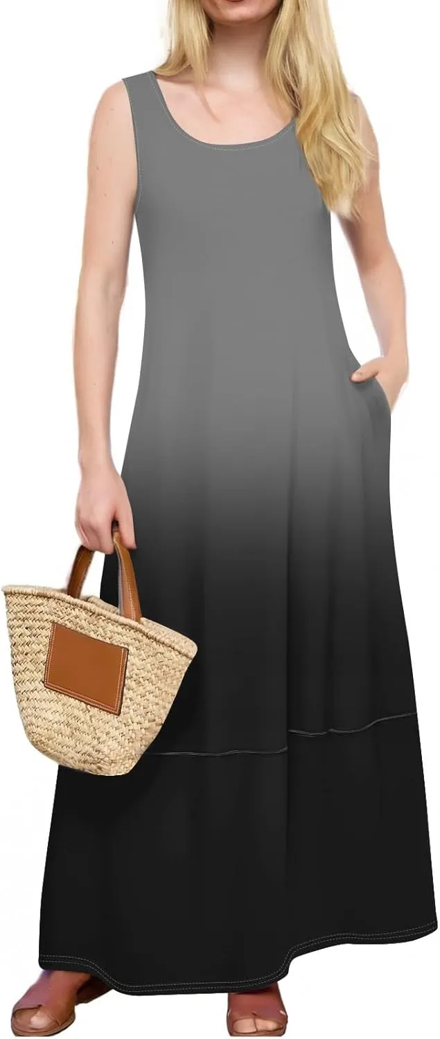 Summer Maxi Dress Women's 2025 Summer Casual Maxi Sundress Beach Gradient Crew Neck Sleeveless Loose Tank Dress