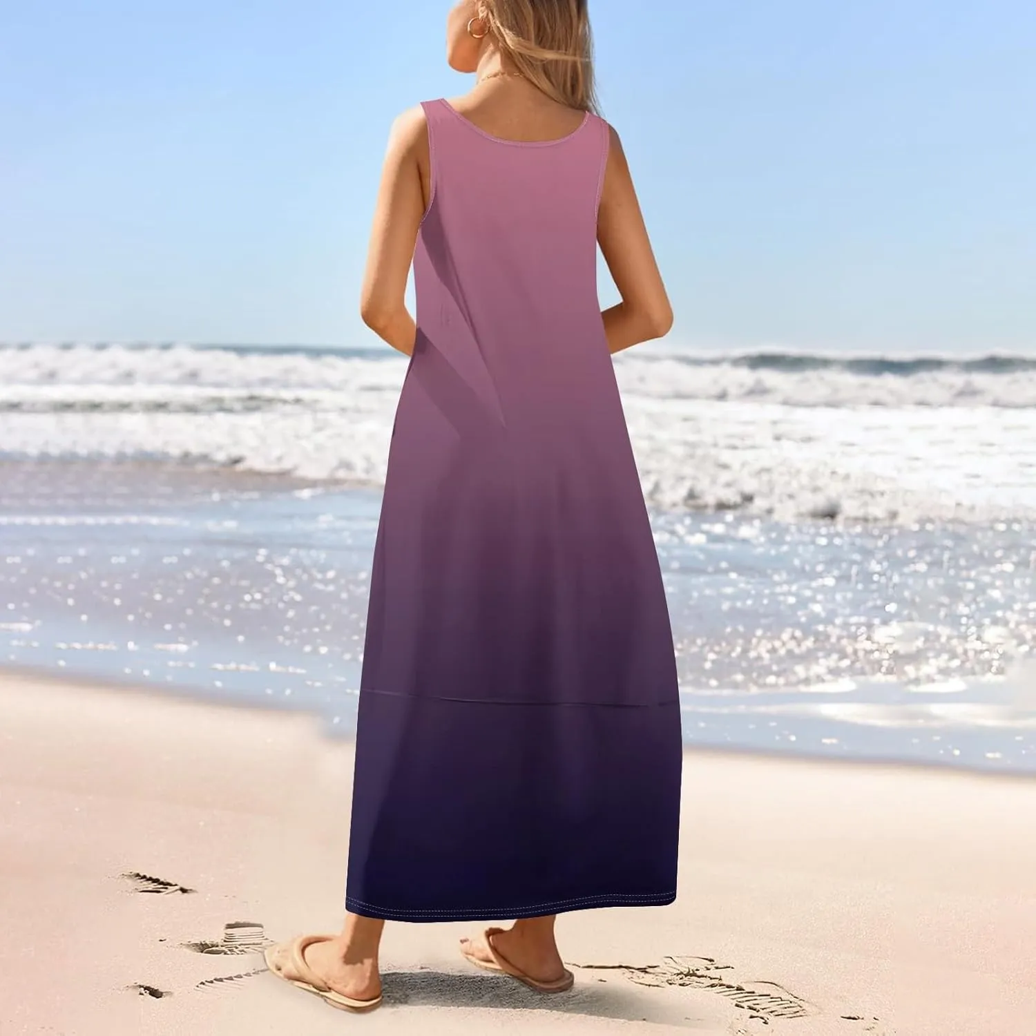 Summer Maxi Dress Women's 2025 Summer Casual Maxi Sundress Beach Gradient Crew Neck Sleeveless Loose Tank Dress