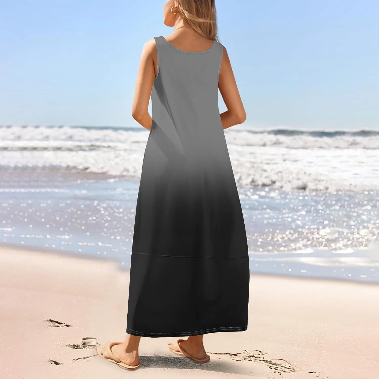 Summer Maxi Dress Women's 2025 Summer Casual Maxi Sundress Beach Gradient Crew Neck Sleeveless Loose Tank Dress