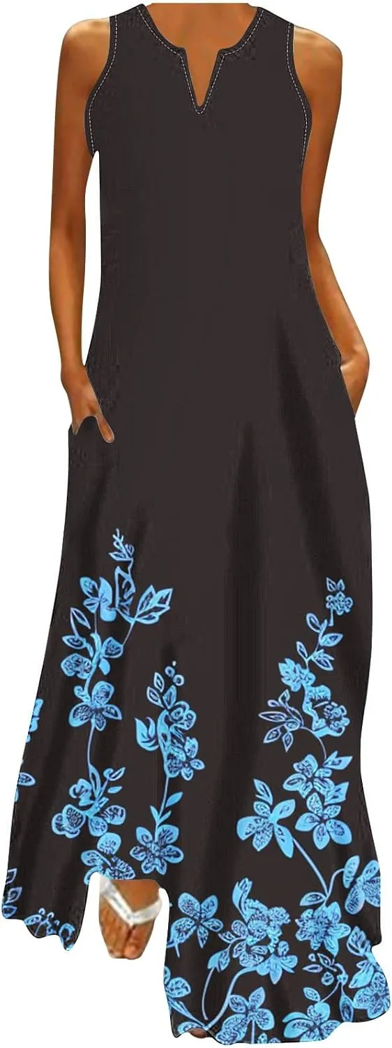Summer Maxi Dresses for Women 2024 Casual Sleeveless V Neck Printed Sun Dress Trendy Summer Bohemian Vacation Outfits