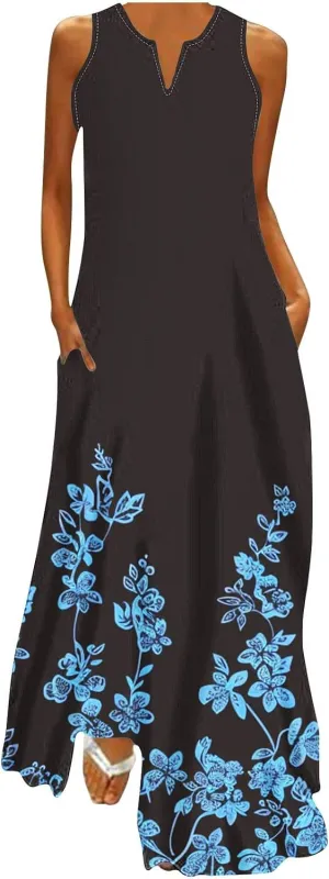 Summer Maxi Dresses for Women 2024 Casual Sleeveless V Neck Printed Sun Dress Trendy Summer Bohemian Vacation Outfits
