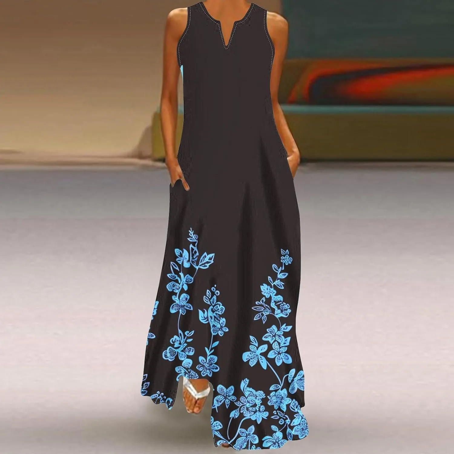 Summer Maxi Dresses for Women 2024 Casual Sleeveless V Neck Printed Sun Dress Trendy Summer Bohemian Vacation Outfits
