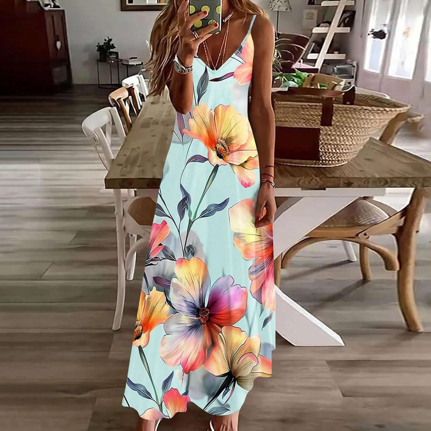 Summer Maxi Dresses for Women 2025 Casual Spaghetti Strape V Neck Sleeveless Dresses Floral Loose Fit Long Beach Dress