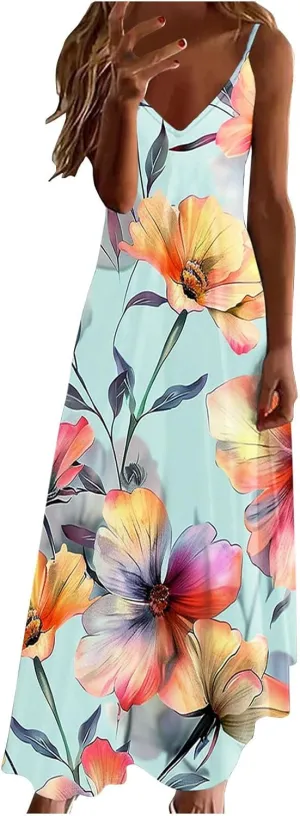 Summer Maxi Dresses for Women 2025 Casual Spaghetti Strape V Neck Sleeveless Dresses Floral Loose Fit Long Beach Dress