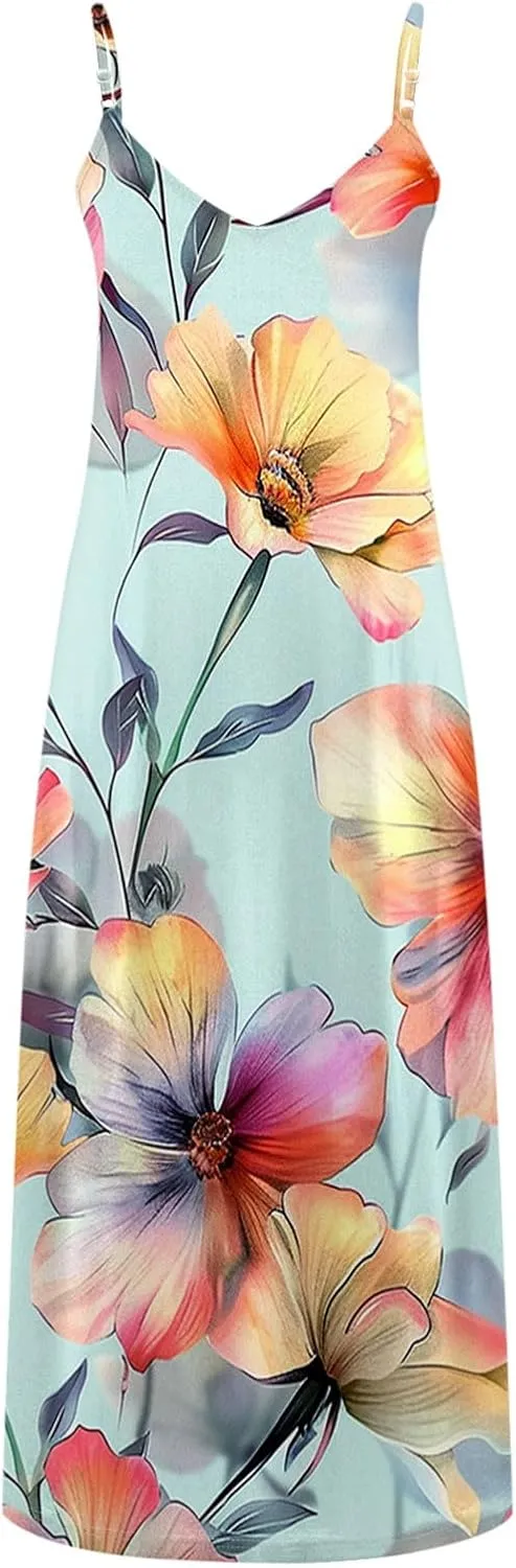 Summer Maxi Dresses for Women 2025 Casual Spaghetti Strape V Neck Sleeveless Dresses Floral Loose Fit Long Beach Dress