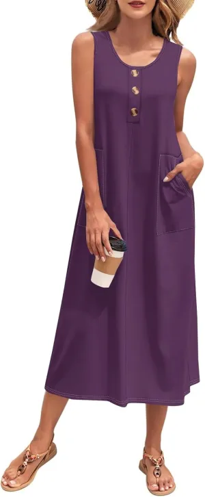 Sun Dresses for Women 2025 Vacation Summer Boho Beach Casual Empire Waist A-Line Midi Flowy Sundresses with Pockets
