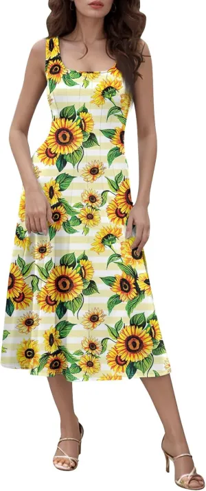 Sun Dresses for Women Casual Summer Midi Formal Dress Sleeveless Plus Size Maxi Dresses for Curvy Women Strapless Sunflower Pleated Square Neck Ruched Sun Dress for Beach Vacation Yellow XL