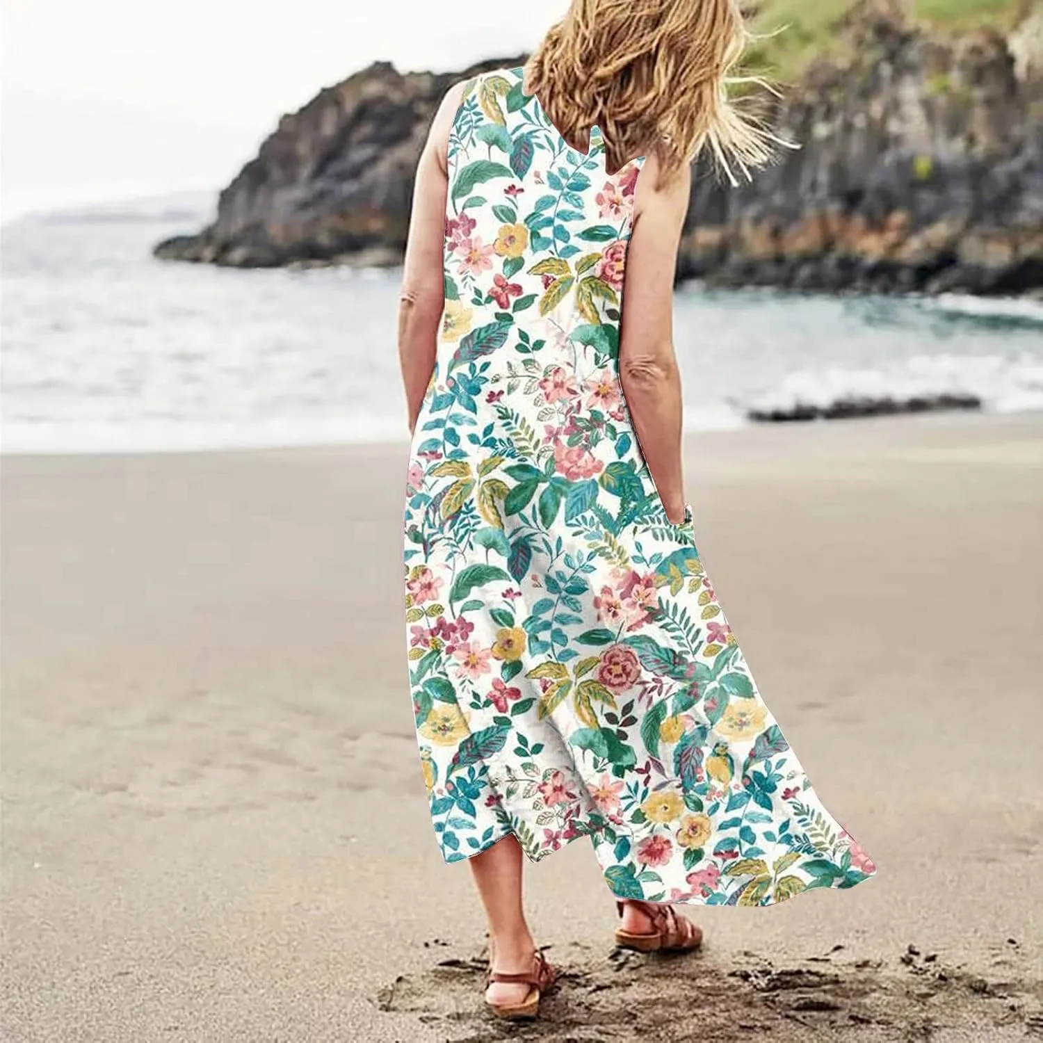 Sundresses for Women 2025 Sleeveless U Neck Boho Dress Floral Print A-Line Sundress Flowy Tank Dress with Pockets