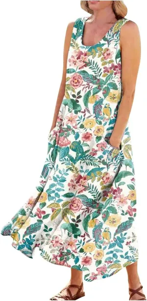 Sundresses for Women 2025 Sleeveless U Neck Boho Dress Floral Print A-Line Sundress Flowy Tank Dress with Pockets