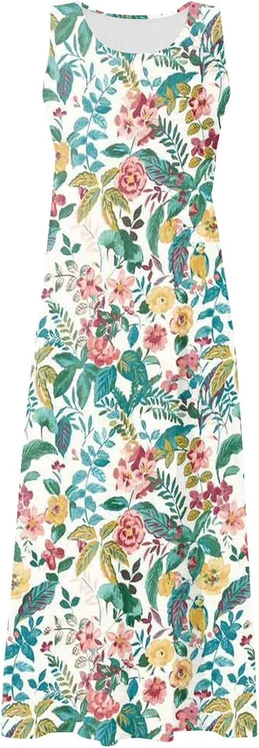 Sundresses for Women 2025 Sleeveless U Neck Boho Dress Floral Print A-Line Sundress Flowy Tank Dress with Pockets
