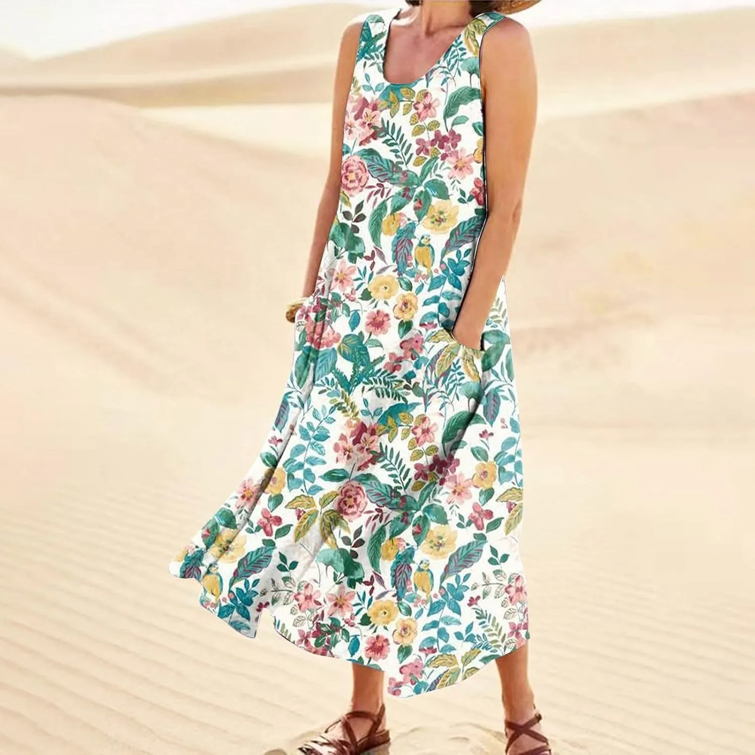 Sundresses for Women 2025 Sleeveless U Neck Boho Dress Floral Print A-Line Sundress Flowy Tank Dress with Pockets
