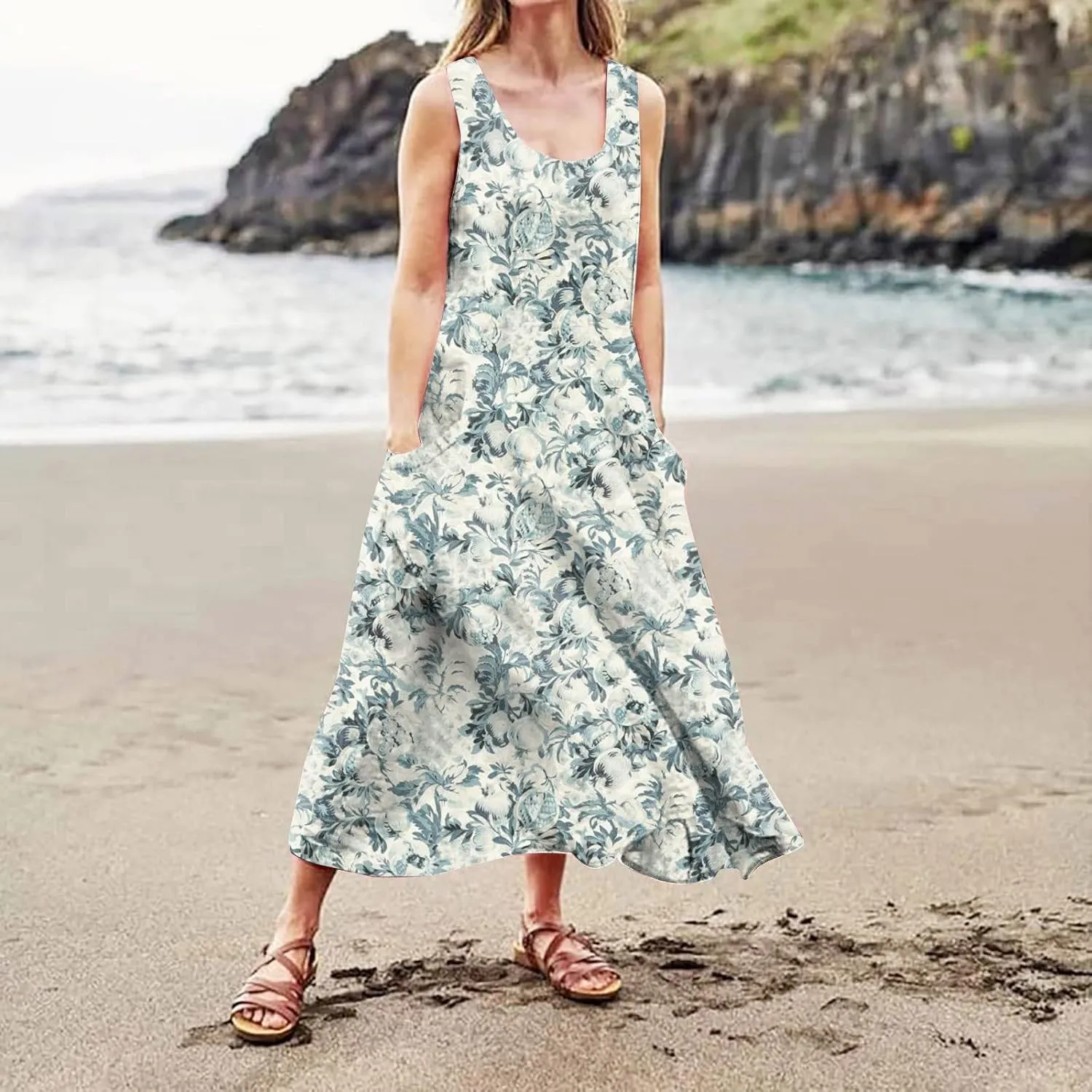 Sundresses for Women 2025 Sleeveless U Neck Boho Dress Floral Print A-Line Sundress Flowy Tank Dress with Pockets