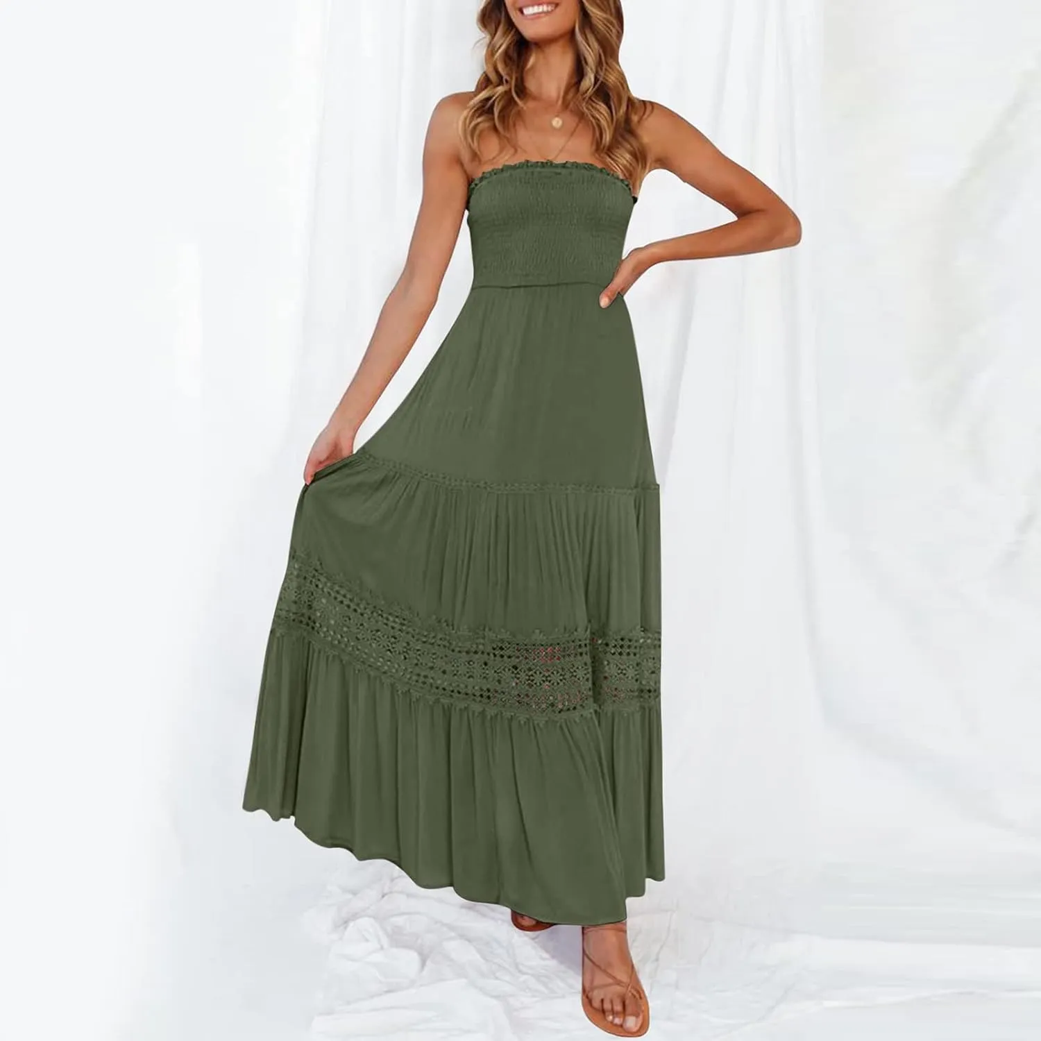 Sundresses For Women 2025 Vacation Sexy Women Summer Boho Strapless Maxi Dress Casual Sleeveless Off Shoulder Dresses