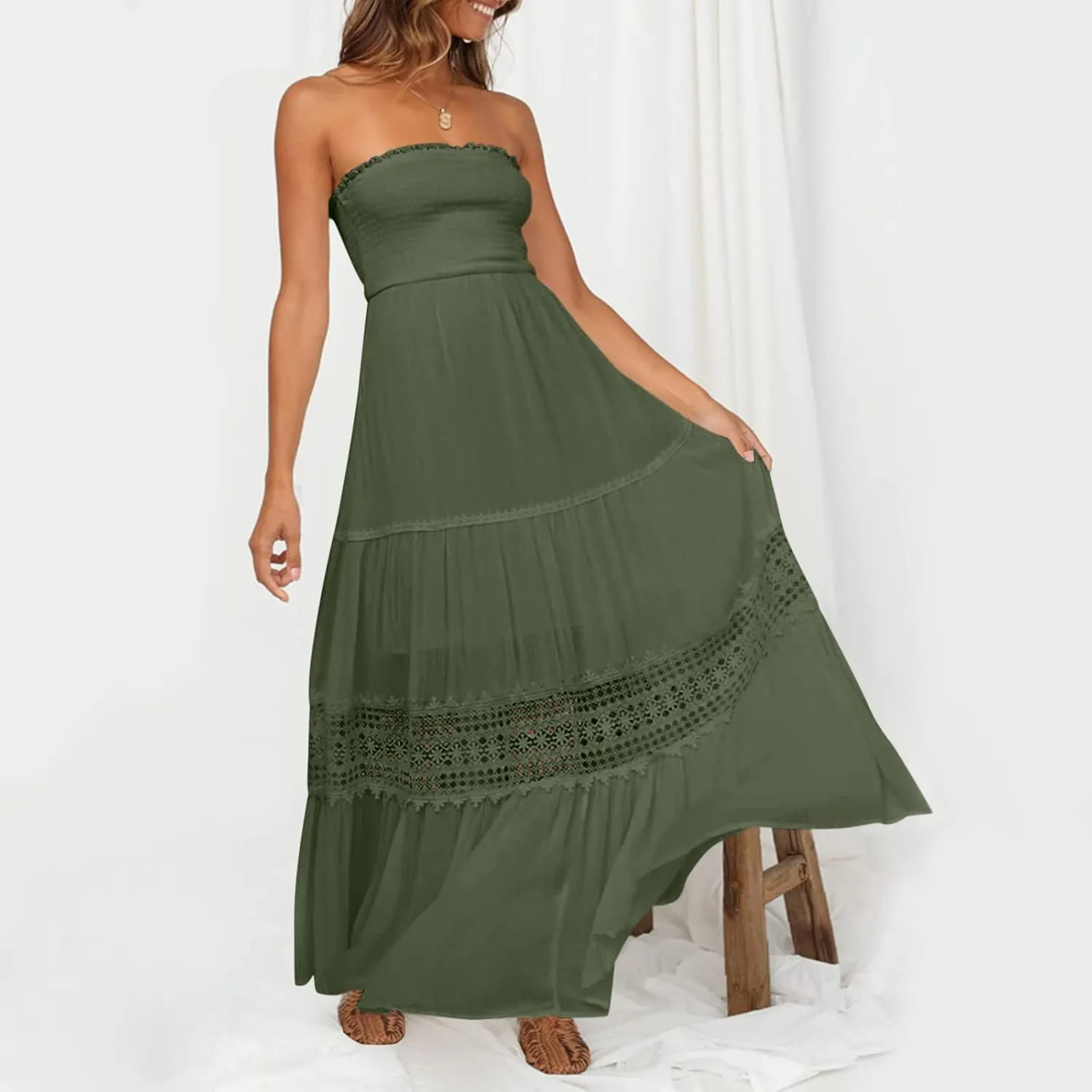 Sundresses For Women 2025 Vacation Sexy Women Summer Boho Strapless Maxi Dress Casual Sleeveless Off Shoulder Dresses