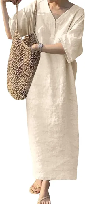 T Shirt Dresses for Women 2025 Summer V Neck Cotton Linen Dress Beach Half Sleeve Sundress Boho Maxi Dress