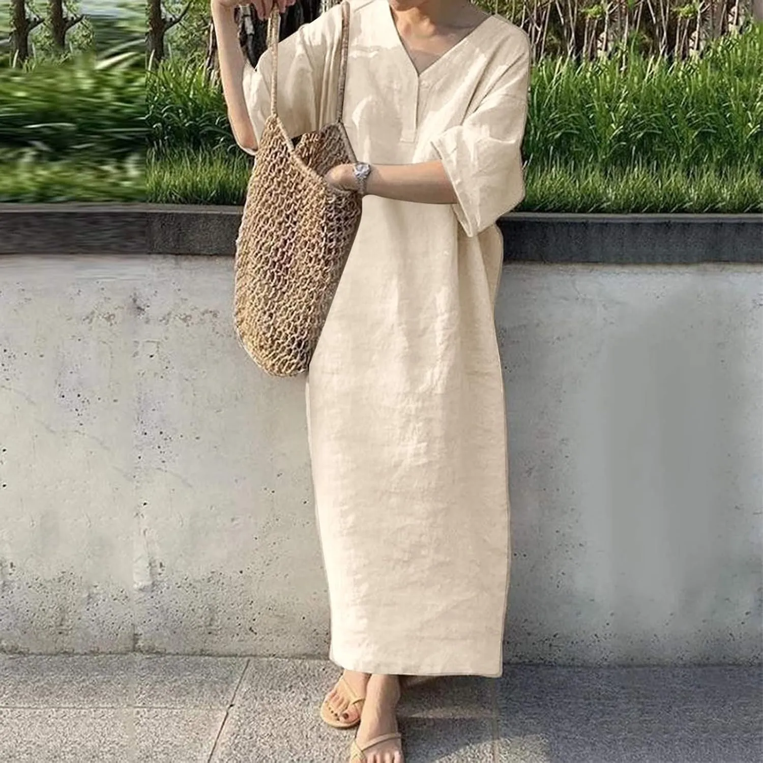T Shirt Dresses for Women 2025 Summer V Neck Cotton Linen Dress Beach Half Sleeve Sundress Boho Maxi Dress