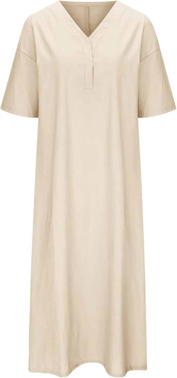 T Shirt Dresses for Women 2025 Summer V Neck Cotton Linen Dress Beach Half Sleeve Sundress Boho Maxi Dress