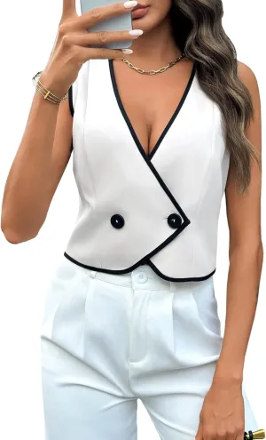 Tankaneo Womens Double Breasted Vest V Neck Contrast Trim Waistcoat Business Slim Fit Blazer Vest