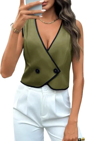 Tankaneo Womens Double Breasted Vest V Neck Contrast Trim Waistcoat Business Slim Fit Blazer Vest
