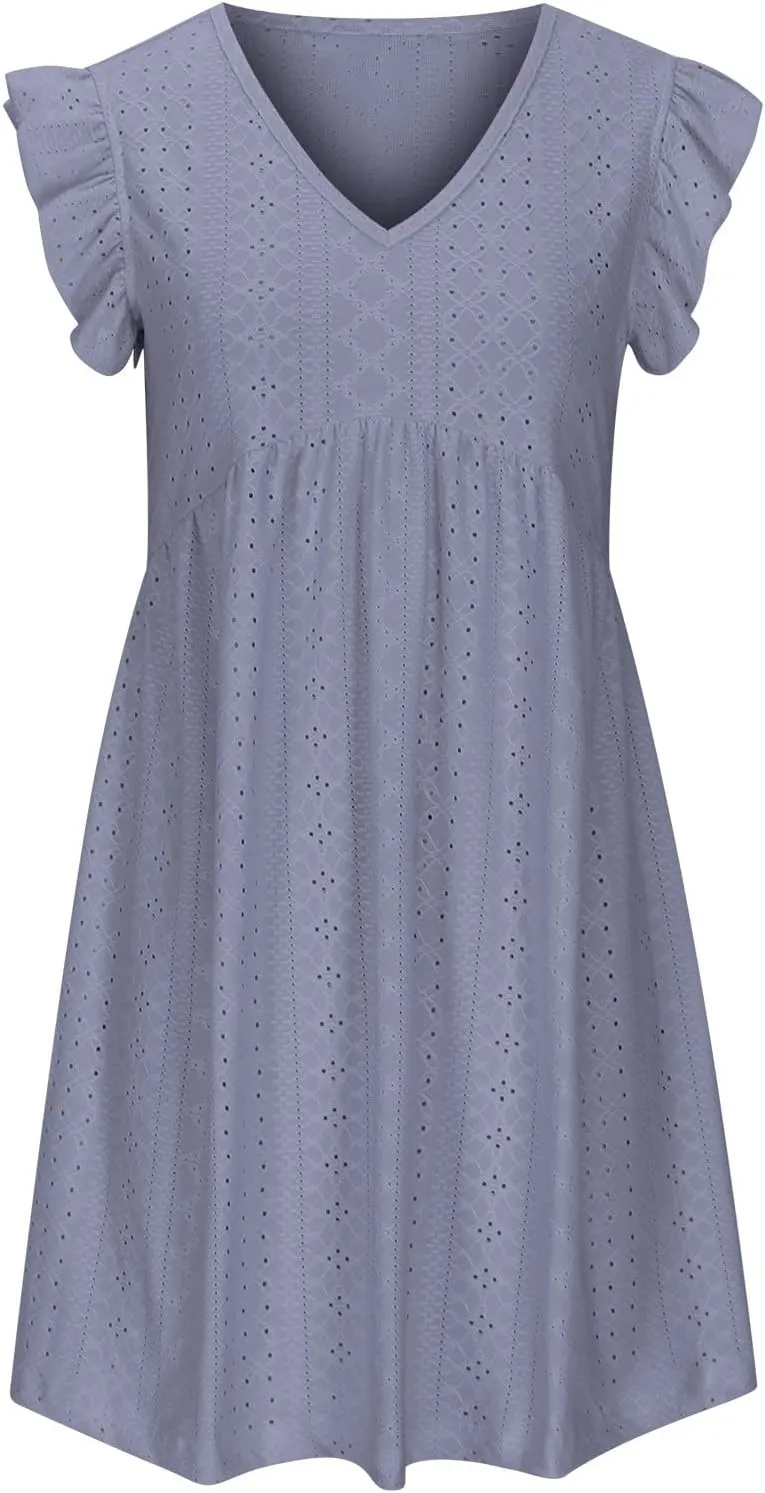 TARIENDY Sundresses for Women 2025,Ladies Ruffle V Neck Dresses Short Sleeve Sundresses Eyelet Summer Beach Vacation Dress