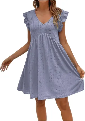 TARIENDY Sundresses for Women 2025,Ladies Ruffle V Neck Dresses Short Sleeve Sundresses Eyelet Summer Beach Vacation Dress