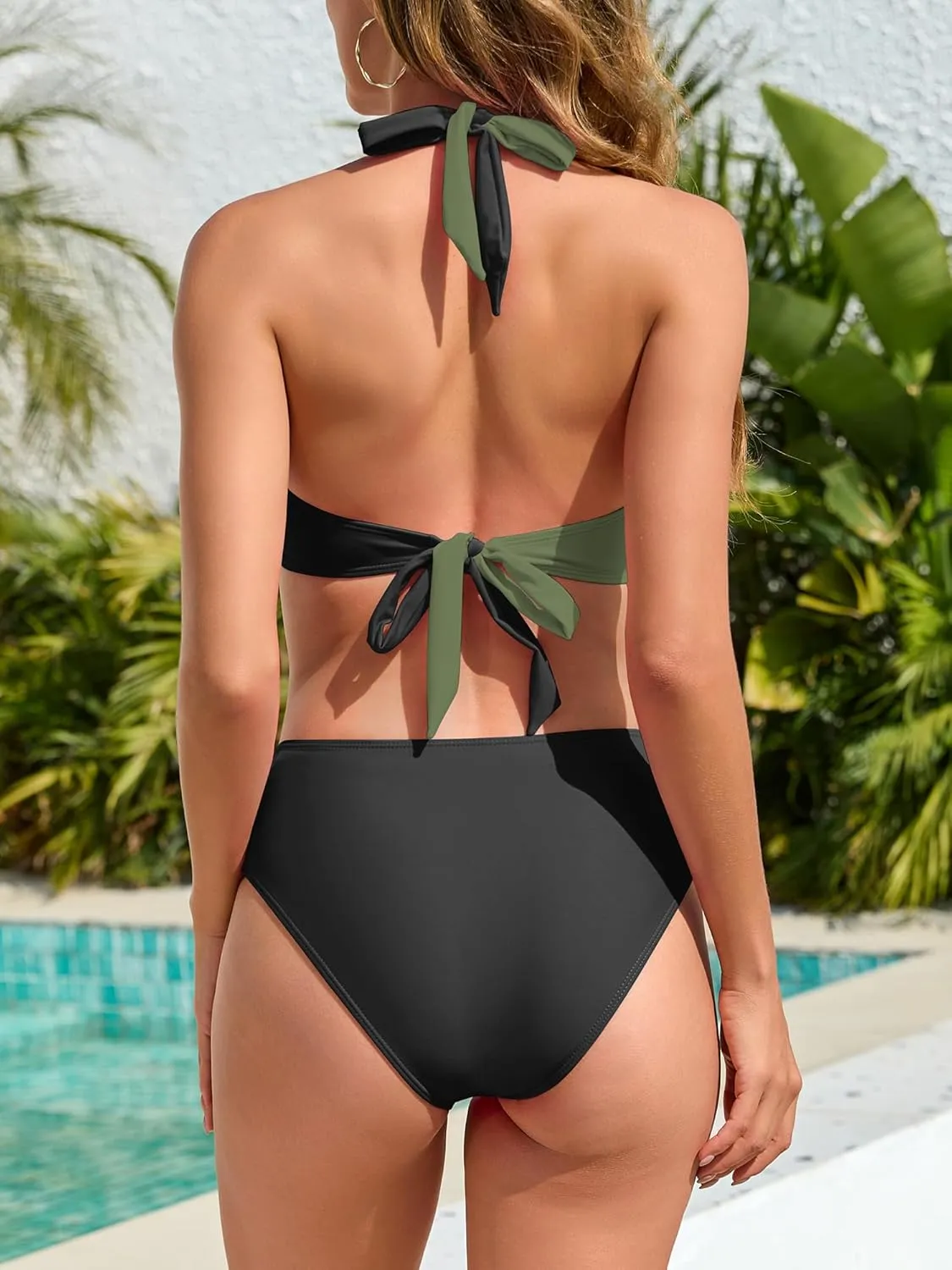 TASHEHE Women's Bikini Set High Waisted Twist Swimsuit Colorblock Halter Two Piece Bathing Suit