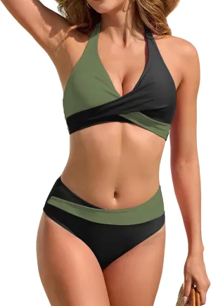TASHEHE Women's Bikini Set High Waisted Twist Swimsuit Colorblock Halter Two Piece Bathing Suit
