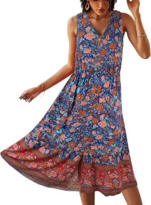 TEMOFON Women Dress Summer Sleeveless Bohemian: Floral V Neck Button Down Flowy Boho Dresses S-XL