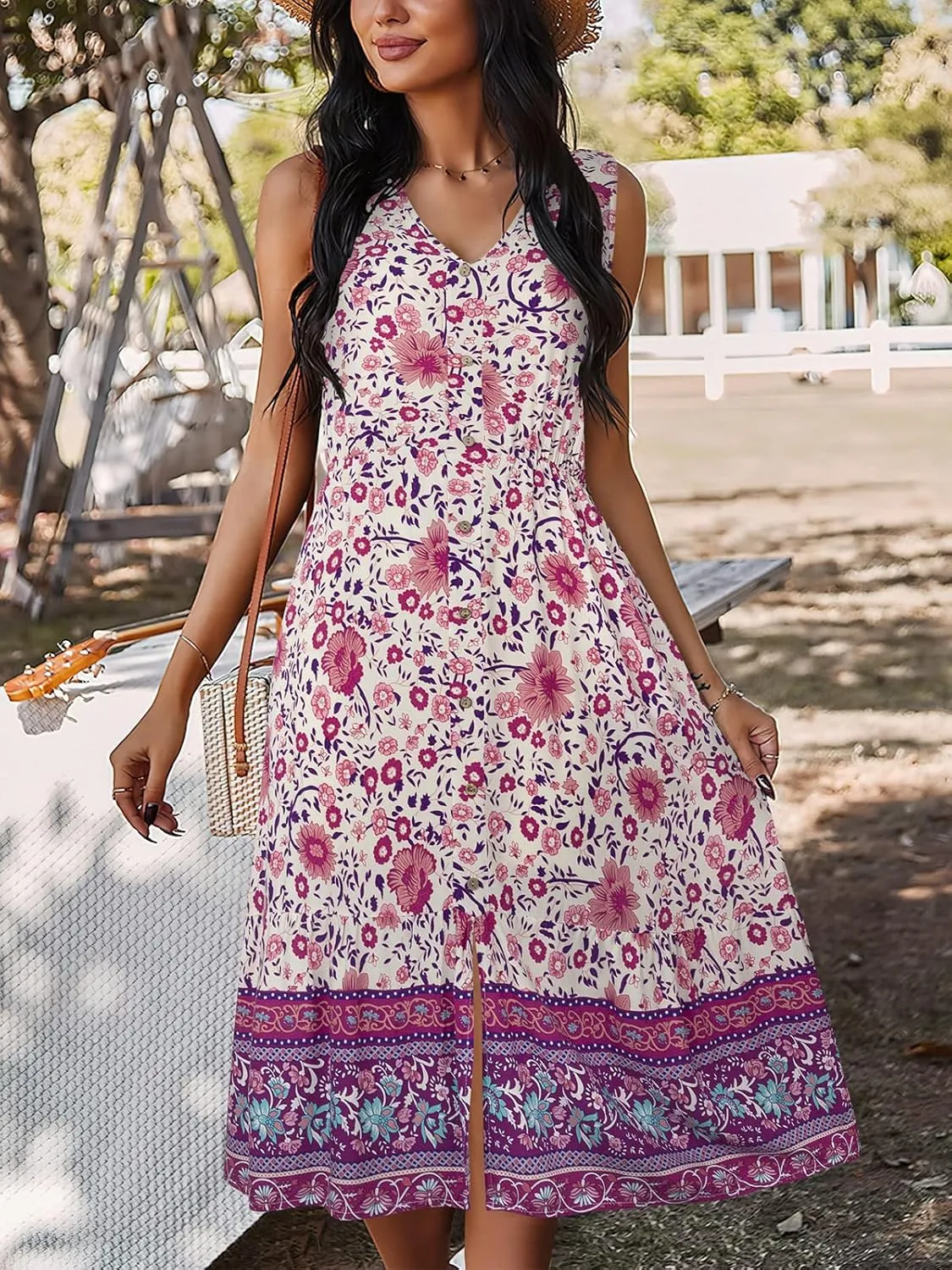 TEMOFON Women Dress Summer Sleeveless Bohemian: Floral V Neck Button Down Flowy Boho Dresses S-XL