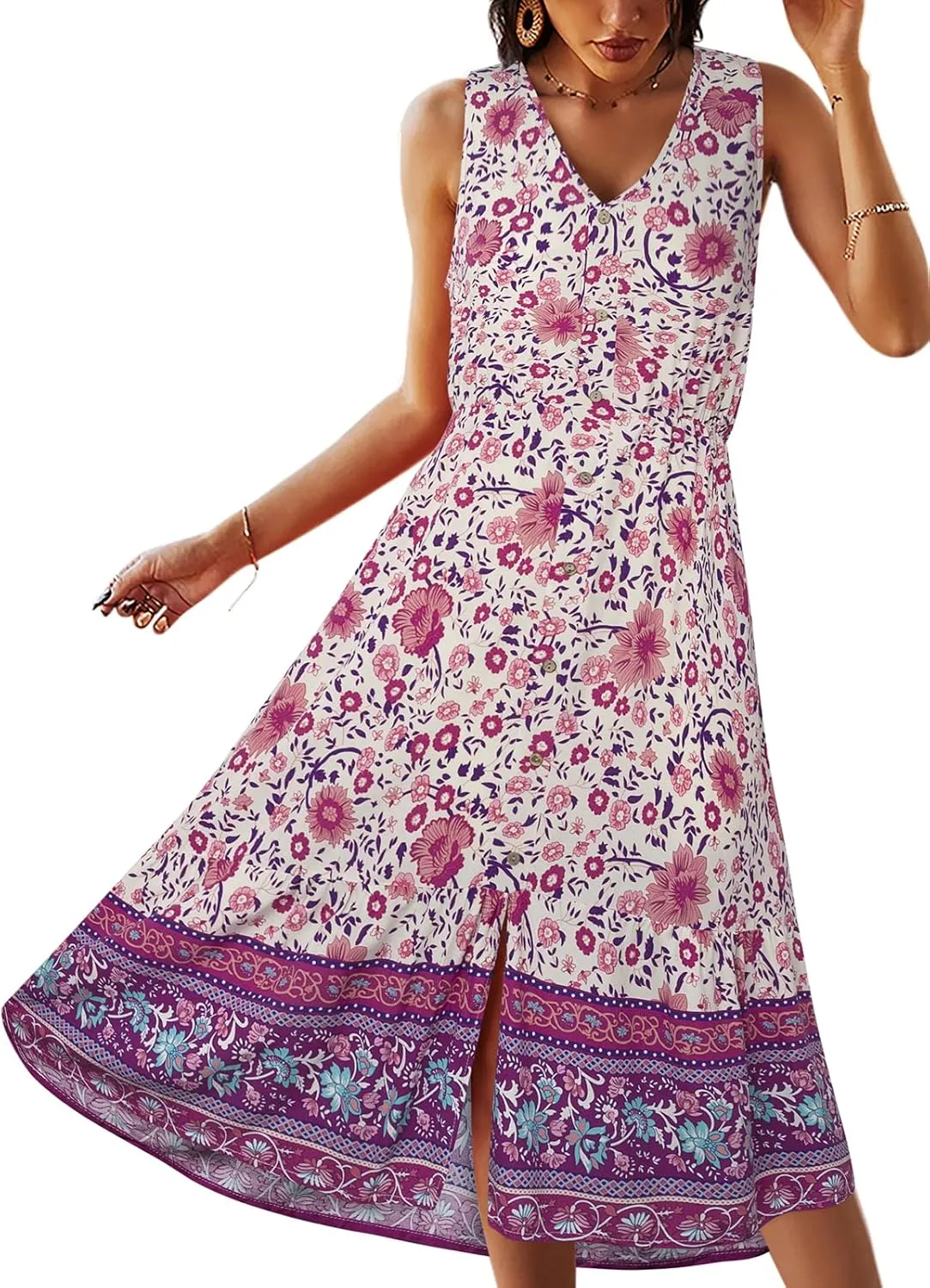 TEMOFON Women Dress Summer Sleeveless Bohemian: Floral V Neck Button Down Flowy Boho Dresses S-XL
