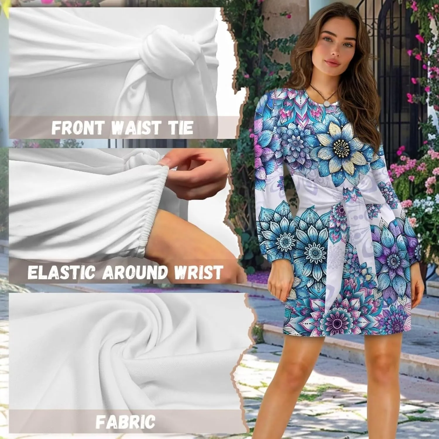 TODIYADDU Womens Long Sleeve Dress for Women Long Sleeve Tie Waist Elegant Cocktail Party Mini Fall Dresses Gifts Size S-XL