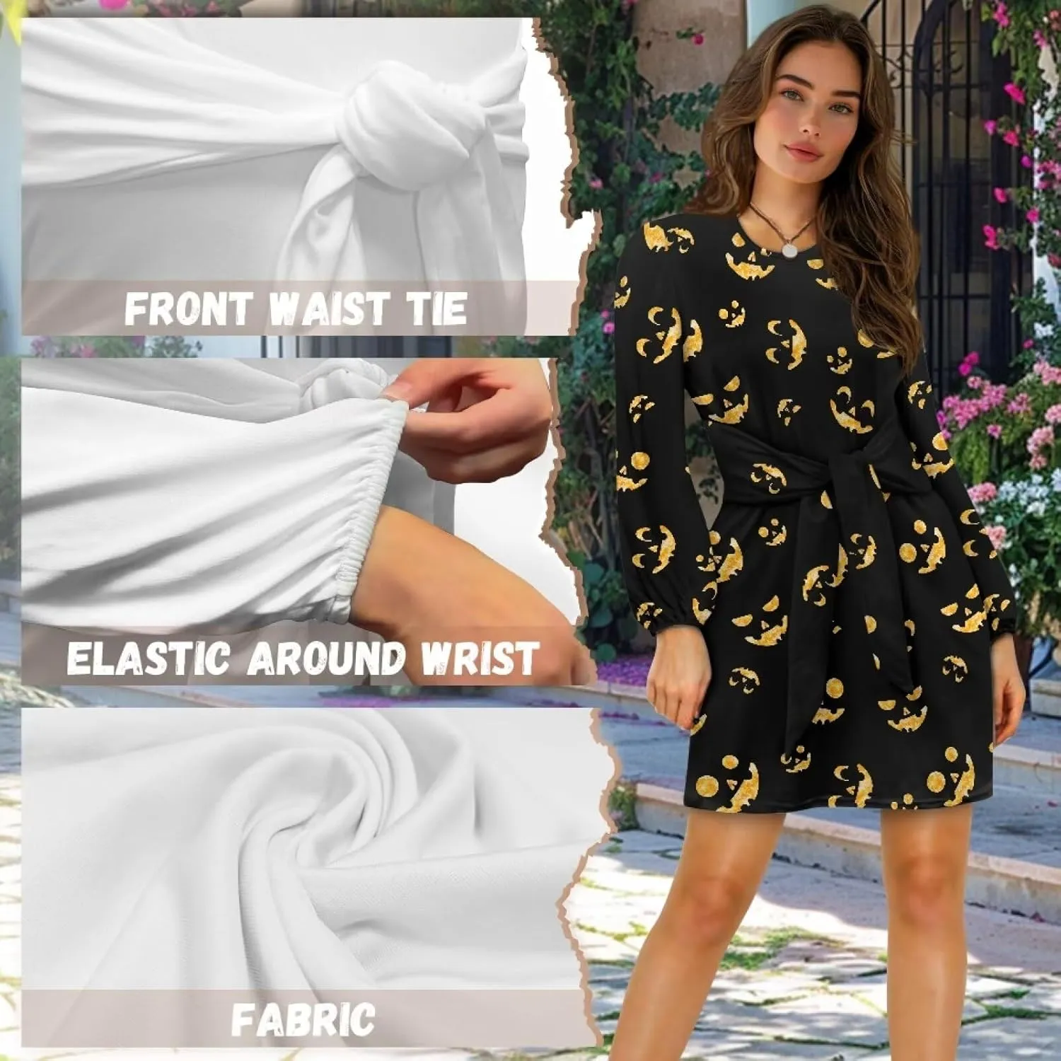 TODIYADDU Womens Long Sleeve Dress for Women Long Sleeve Tie Waist Elegant Cocktail Party Mini Fall Dresses Gifts Size S-XL