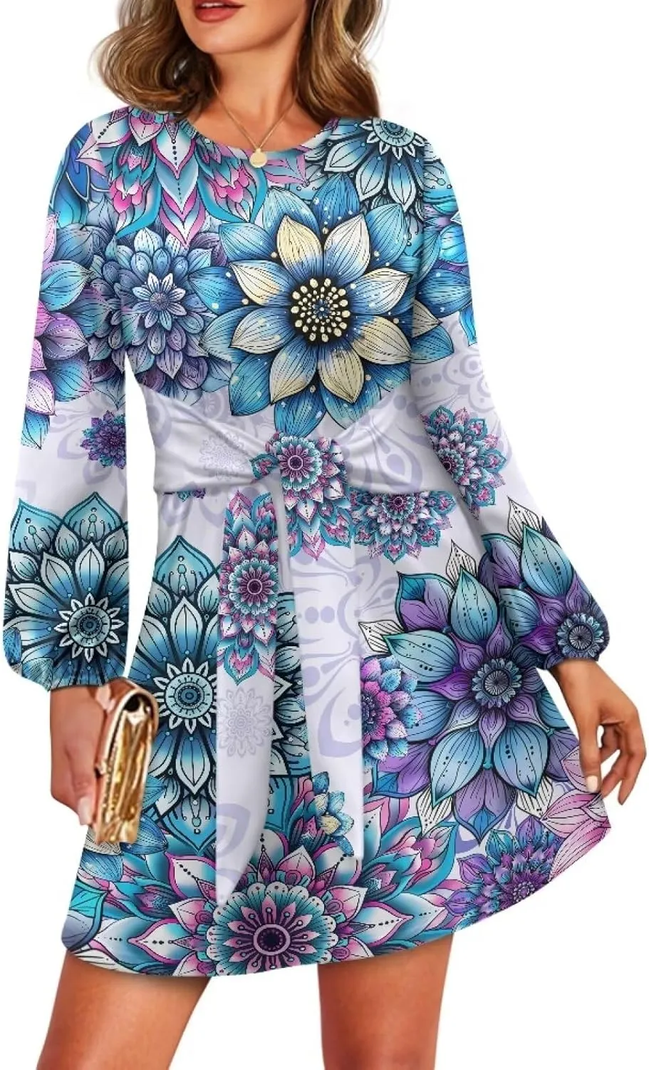 TODIYADDU Womens Long Sleeve Dress for Women Long Sleeve Tie Waist Elegant Cocktail Party Mini Fall Dresses Gifts Size S-XL