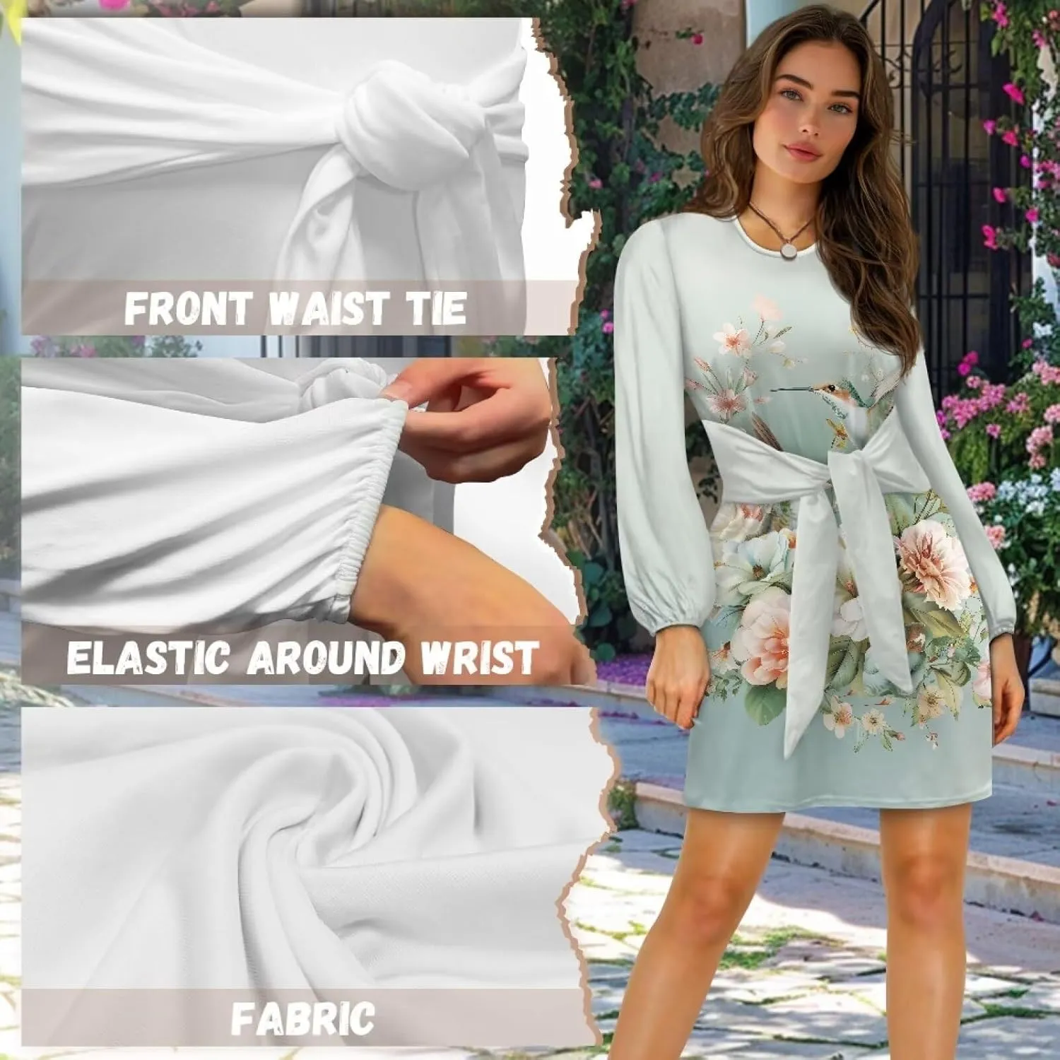 TODIYADDU Womens Long Sleeve Dress for Women Long Sleeve Tie Waist Elegant Cocktail Party Mini Fall Dresses Gifts Size S-XL
