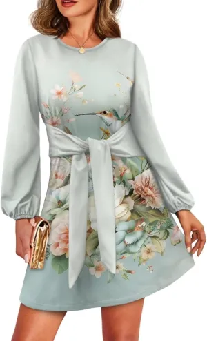 TODIYADDU Womens Long Sleeve Dress for Women Long Sleeve Tie Waist Elegant Cocktail Party Mini Fall Dresses Gifts Size S-XL