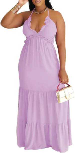 TOPSRANI Womens Sleeveless Maxi Dress Halter Casual Backless Smocked Tiered Ruffle Flowy Sexy Slip Sling Strap Dresses