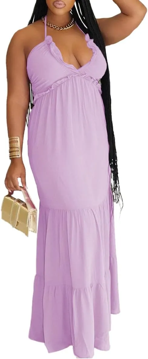 TOPSRANI Womens Sleeveless Maxi Dress Halter Casual Backless Smocked Tiered Ruffle Flowy Sexy Slip Sling Strap Dresses