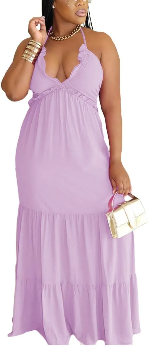 TOPSRANI Womens Sleeveless Maxi Dress Halter Casual Backless Smocked Tiered Ruffle Flowy Sexy Slip Sling Strap Dresses