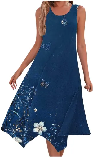 Trendy Summer Dress for Women Fashion Print Sundresses Slim Tank Top Round Neck Pockets Beach Vacation Dresses