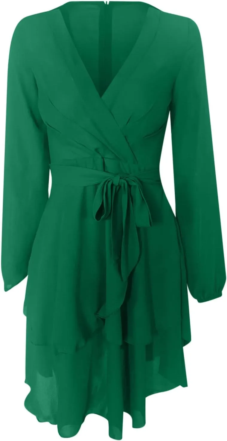 tuduoms Summer Wrap Peplum Dress for Women V Neck Long Sleeve Irregular Dress Waist Tie Ruffle Mini Flowy Skater Dresses