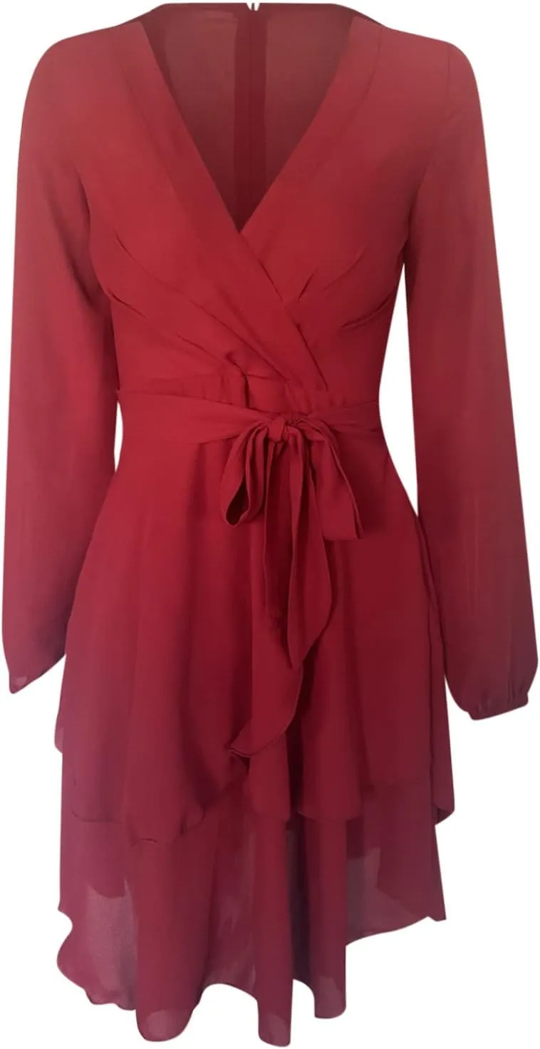 tuduoms Summer Wrap Peplum Dress for Women V Neck Long Sleeve Irregular Dress Waist Tie Ruffle Mini Flowy Skater Dresses