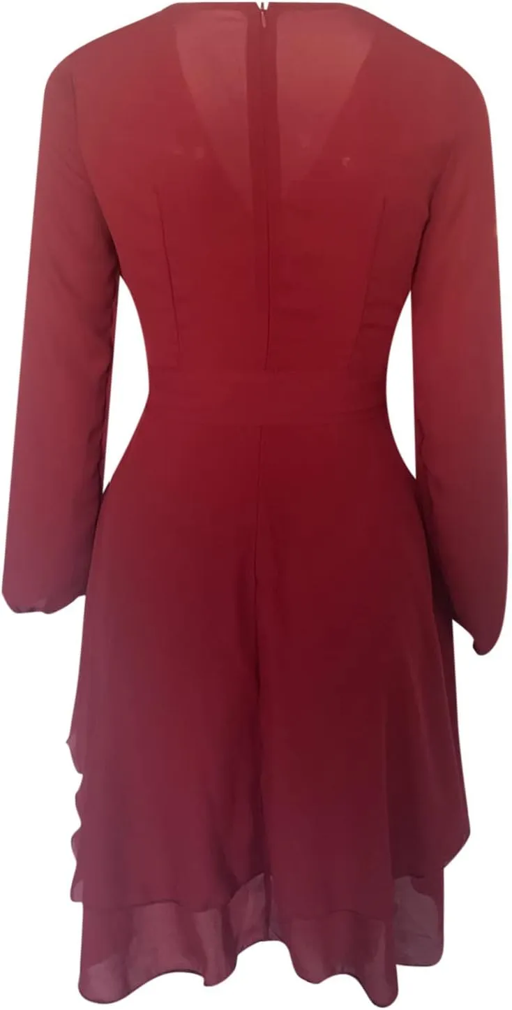 tuduoms Summer Wrap Peplum Dress for Women V Neck Long Sleeve Irregular Dress Waist Tie Ruffle Mini Flowy Skater Dresses